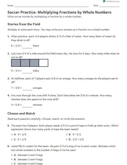 Soccer Practice: Multiplying Fractions by Whole Numbers worksheet preview