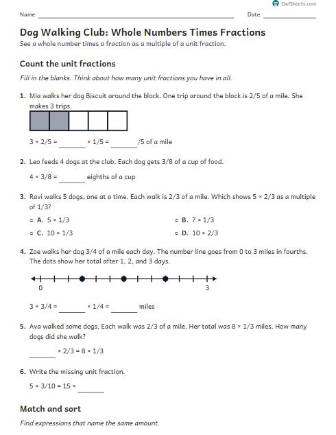 Dog Walking Club: Whole Numbers Times Fractions worksheet preview