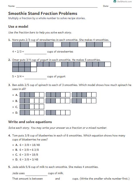 Smoothie Stand Fraction Problems worksheet preview