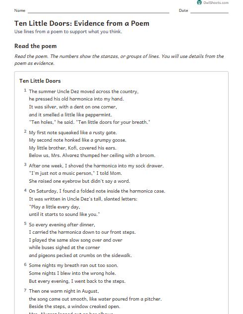 Ten Little Doors: Evidence from a Poem worksheet preview