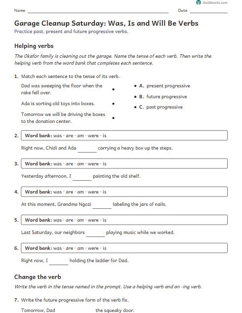 Garage Cleanup Saturday: Was, Is and Will Be Verbs worksheet preview
