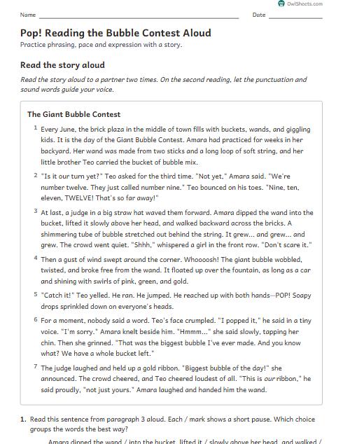 Pop! Reading the Bubble Contest Aloud worksheet preview