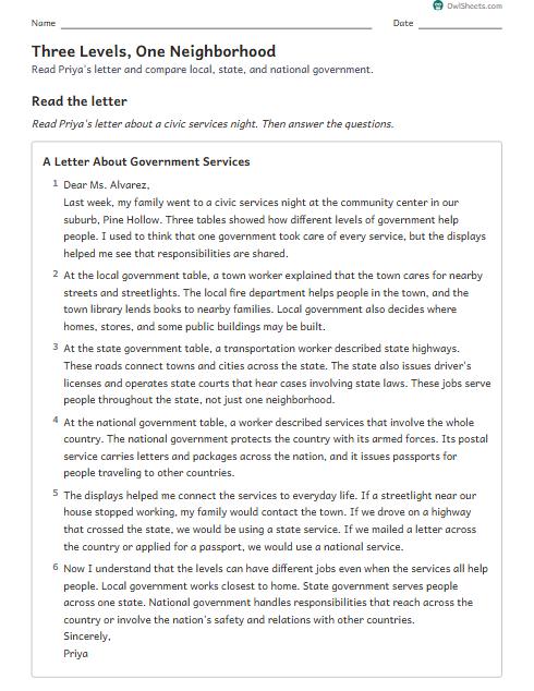 Three Levels, One Neighborhood worksheet preview