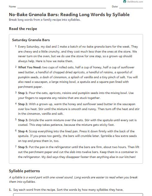 No-Bake Granola Bars: Reading Long Words by Syllable worksheet preview