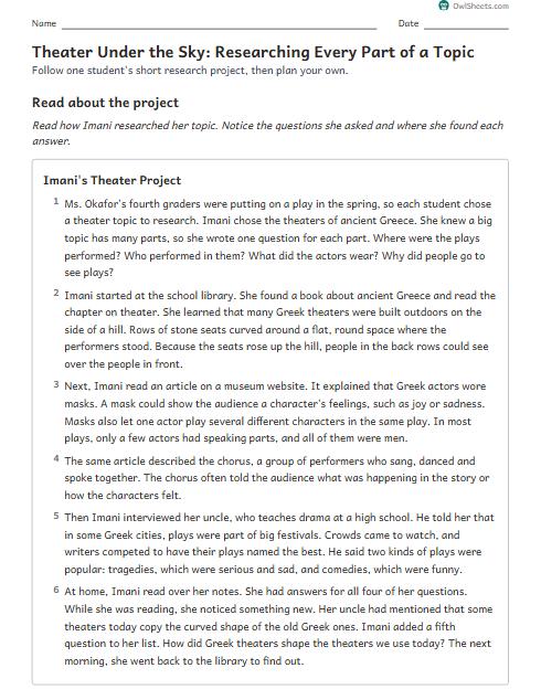 Theater Under the Sky: Researching Every Part of a Topic worksheet preview