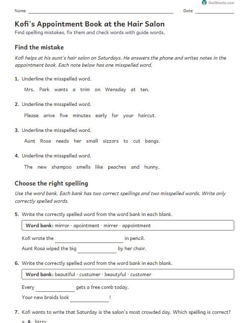 Kofi's Appointment Book at the Hair Salon worksheet preview
