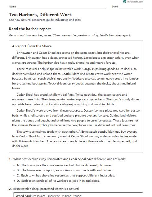 Two Harbors, Different Work worksheet preview