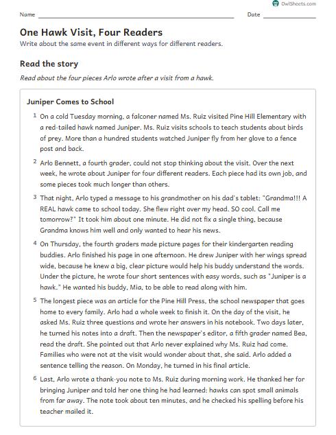 One Hawk Visit, Four Readers worksheet preview