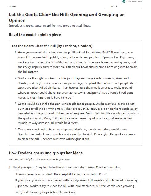 Let the Goats Clear the Hill: Opening and Grouping an Opinion worksheet preview