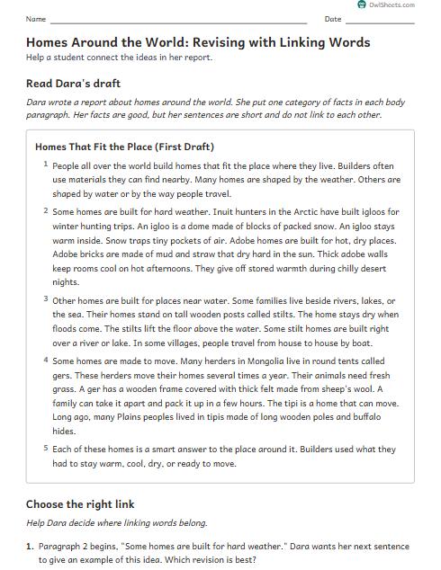 Homes Around the World: Revising with Linking Words worksheet preview