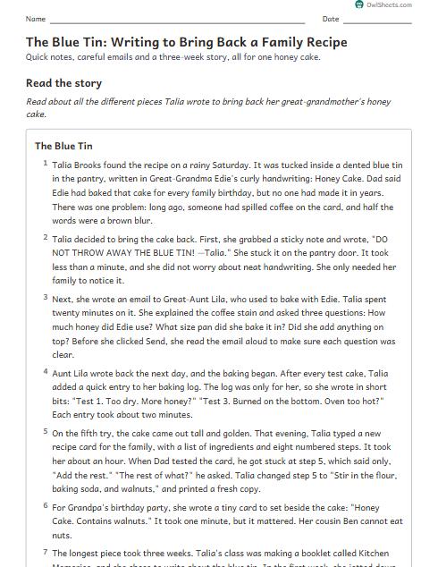 The Blue Tin: Writing to Bring Back a Family Recipe worksheet preview