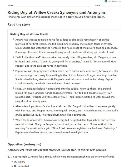 Riding Day at Willow Creek: Synonyms and Antonyms worksheet preview