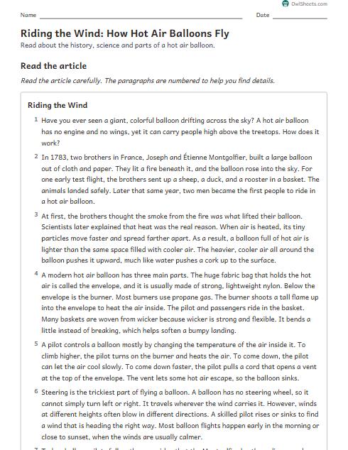 Riding the Wind: How Hot Air Balloons Fly worksheet preview