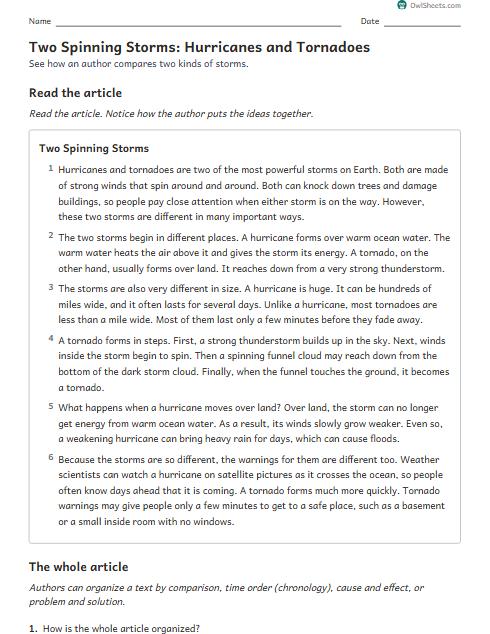 Two Spinning Storms: Hurricanes and Tornadoes worksheet preview