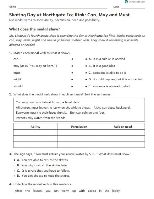Skating Day at Northgate Ice Rink: Can, May and Must worksheet preview