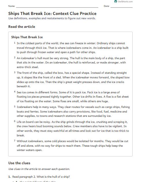 Ships That Break Ice: Context Clue Practice worksheet preview