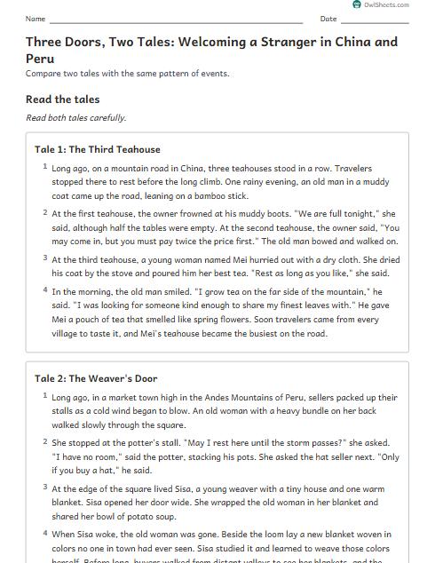Three Doors, Two Tales: Welcoming a Stranger in China and Peru worksheet preview