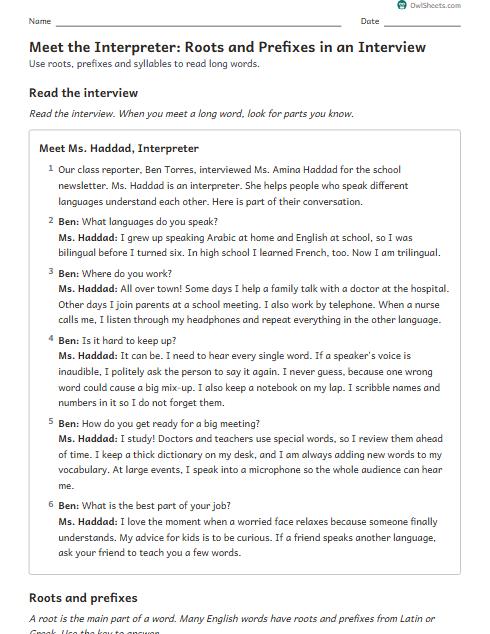 Meet the Interpreter: Roots and Prefixes in an Interview worksheet preview