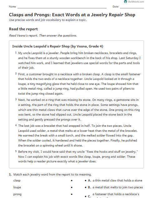 Clasps and Prongs: Exact Words at a Jewelry Repair Shop worksheet preview