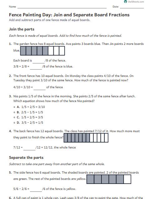 Fence Painting Day: Join and Separate Board Fractions worksheet preview