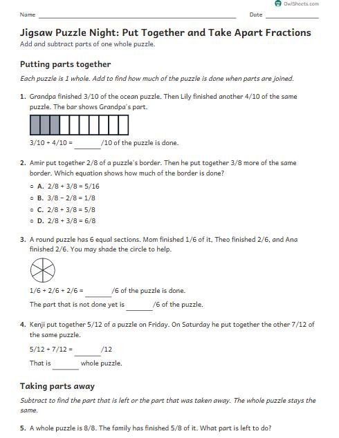 Jigsaw Puzzle Night: Put Together and Take Apart Fractions worksheet preview