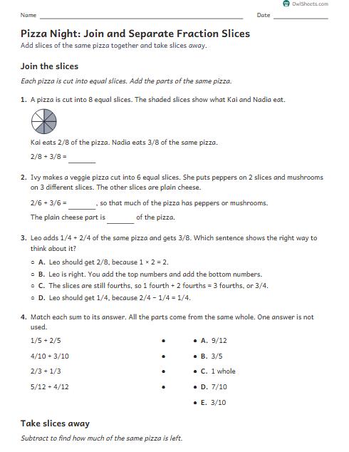Pizza Night: Join and Separate Fraction Slices worksheet preview