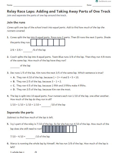 Relay Race Laps: Adding and Taking Away Parts of One Track worksheet preview