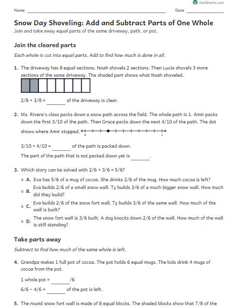 Snow Day Shoveling: Add and Subtract Parts of One Whole worksheet preview