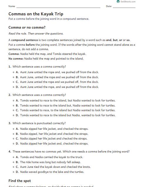 Commas on the Kayak Trip worksheet preview