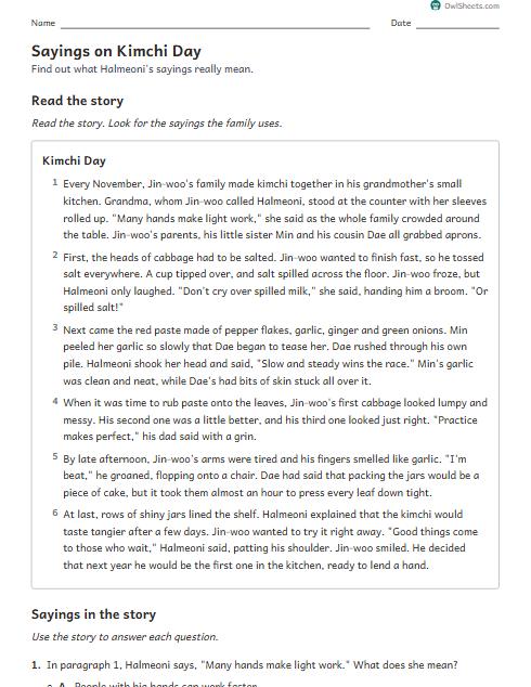 Sayings on Kimchi Day worksheet preview