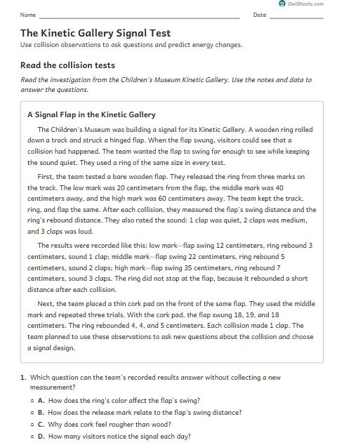 The Kinetic Gallery Signal Test worksheet preview