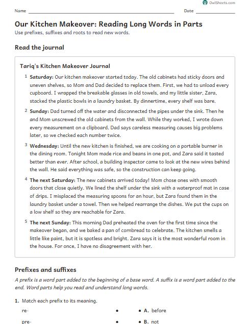 Our Kitchen Makeover: Reading Long Words in Parts worksheet preview