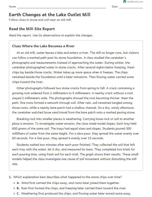 Earth Changes at the Lake Outlet Mill worksheet preview