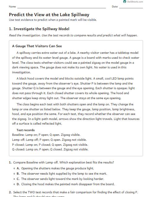 Predict the View at the Lake Spillway worksheet preview