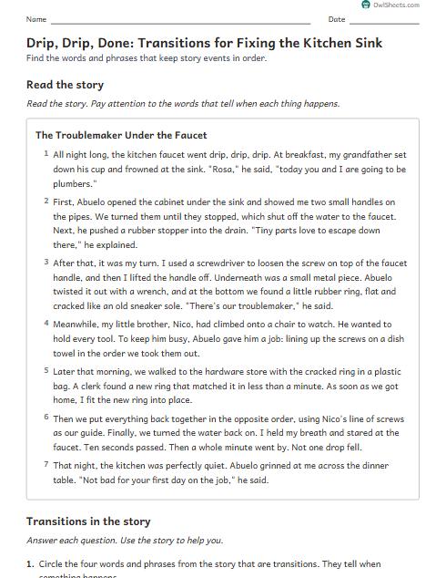 Drip, Drip, Done: Transitions for Fixing the Kitchen Sink worksheet preview