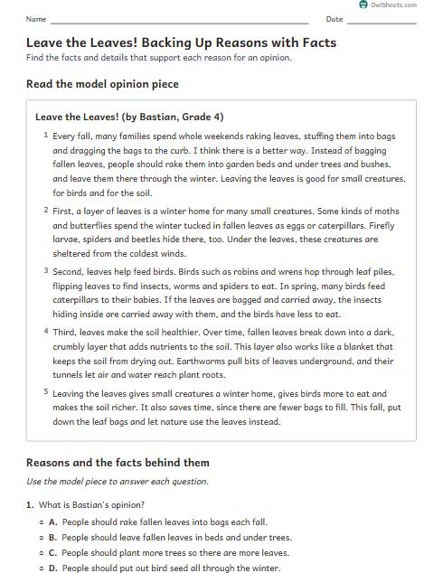 Leave the Leaves! Backing Up Reasons with Facts worksheet preview