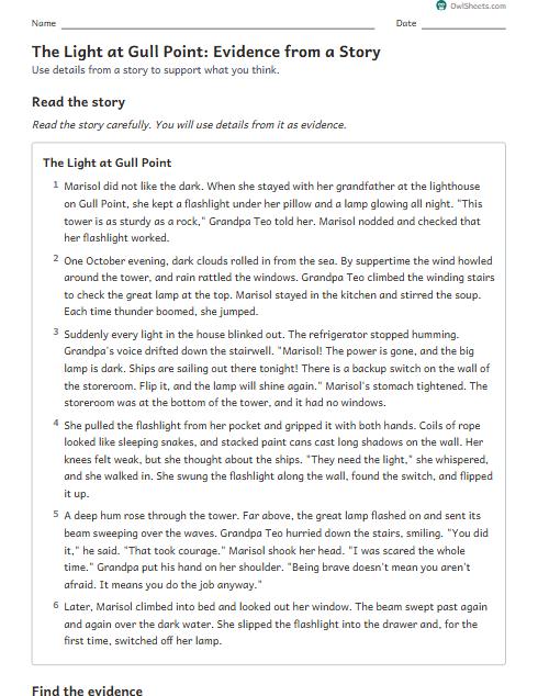 The Light at Gull Point: Evidence from a Story worksheet preview