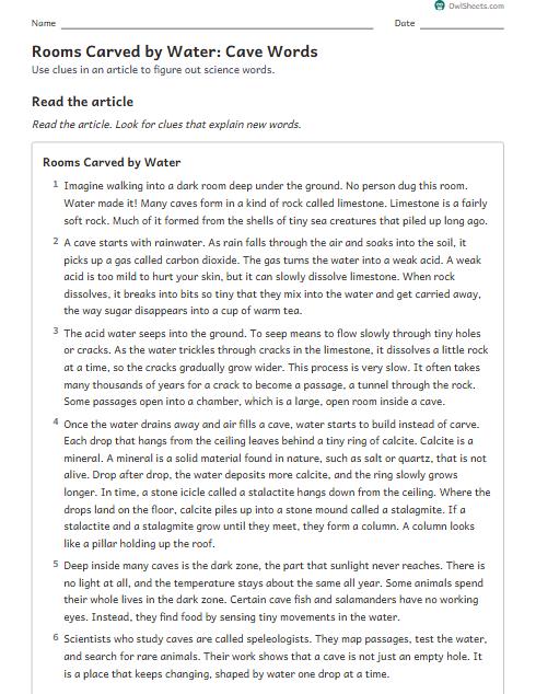 Rooms Carved by Water: Cave Words worksheet preview