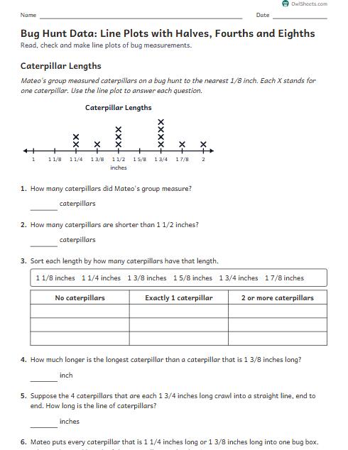 Bug Hunt Data: Line Plots with Halves, Fourths and Eighths worksheet preview