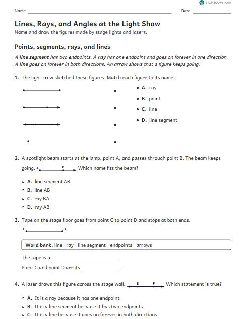 Lines, Rays, and Angles at the Light Show worksheet preview