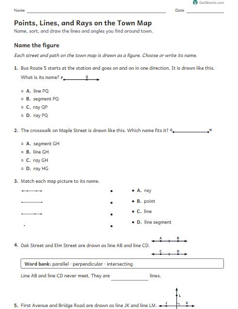 Points, Lines, and Rays on the Town Map worksheet preview