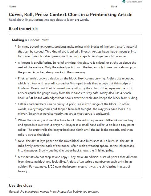 Carve, Roll, Press: Context Clues in a Printmaking Article worksheet preview