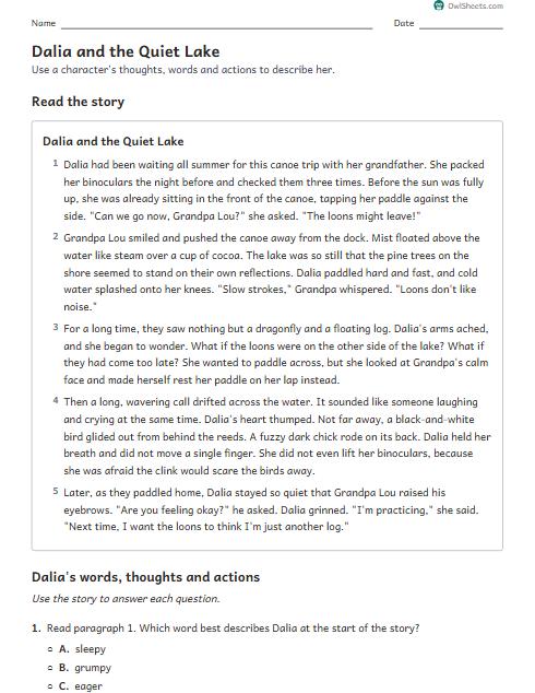 Dalia and the Quiet Lake worksheet preview