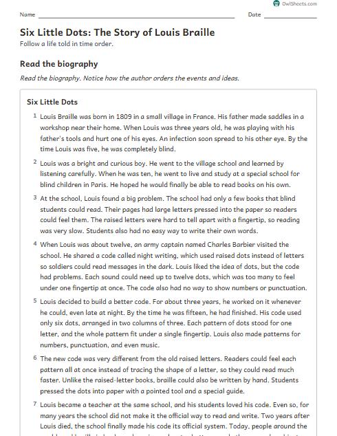 Six Little Dots: The Story of Louis Braille worksheet preview