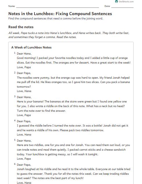 Notes in the Lunchbox: Fixing Compound Sentences worksheet preview