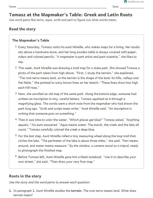 Tomasz at the Mapmaker's Table: Greek and Latin Roots worksheet preview