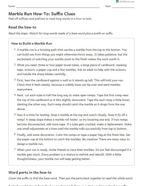 Marble Run How-To: Suffix Clues worksheet preview