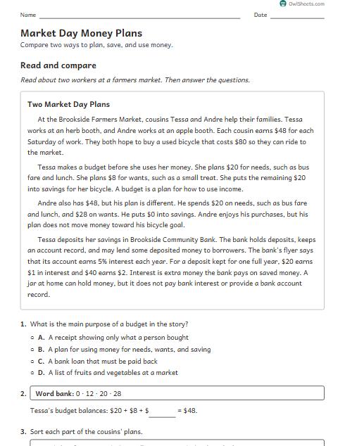 Market Day Money Plans worksheet preview
