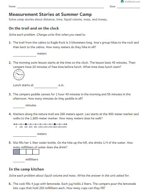 Measurement Stories at Summer Camp worksheet preview