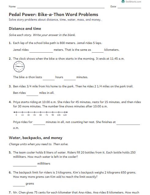 Pedal Power: Bike-a-Thon Word Problems worksheet preview
